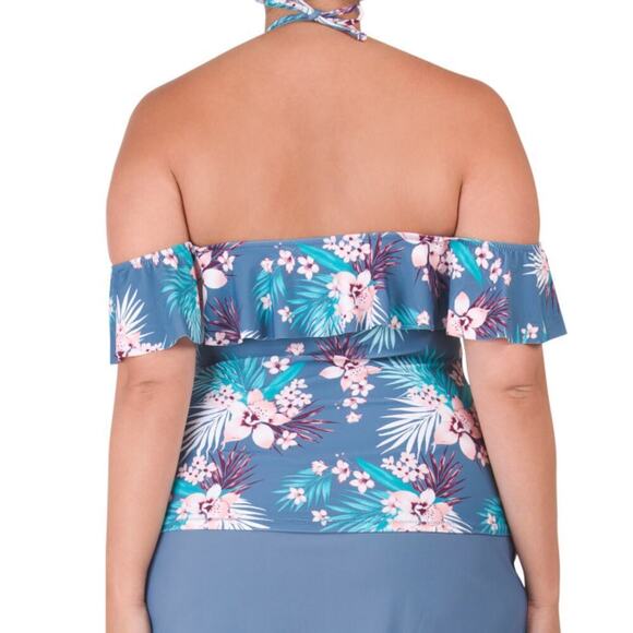 New Raisins Curve Women's Plus Tropical Floral Print Ruffle Swim Tankini Top - Picture 3 of 5